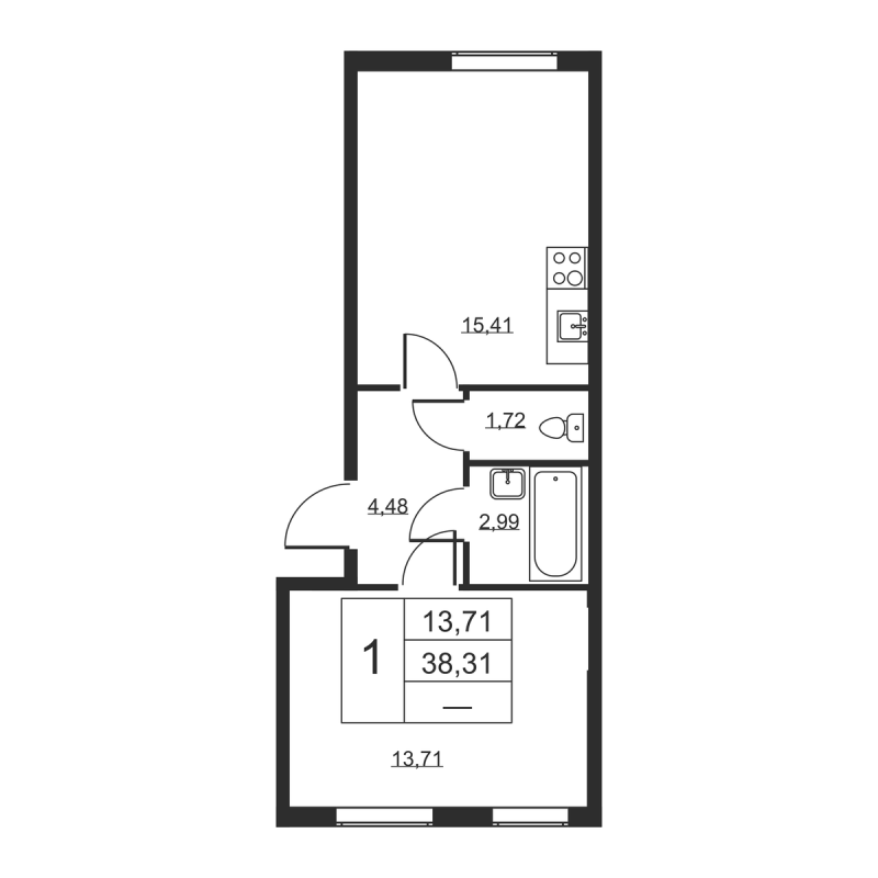 2-комнатная (Евро) квартира, 38.31 м² в ЖК "Высота" - планировка, фото №1