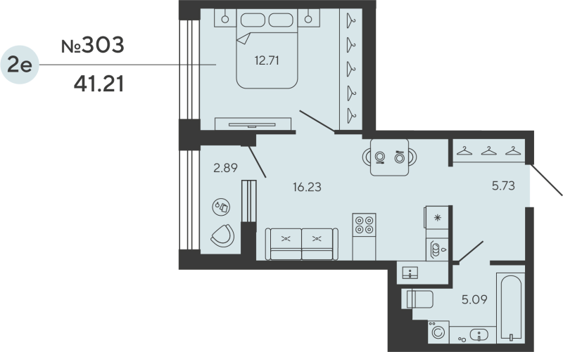 2-комнатная (Евро) квартира, 41.21 м² в ЖК "Башни Элемент" - планировка, фото №1