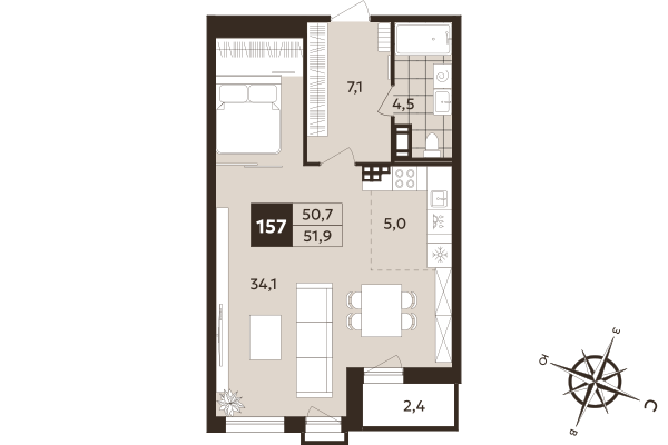 Квартира-студия, 50.7 м² в ЖК "Дом на Бронницкой" - планировка, фото №1