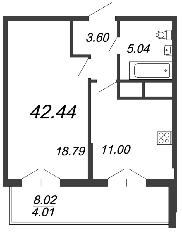 1-комнатная квартира, 42.6 м² - планировка, фото №1