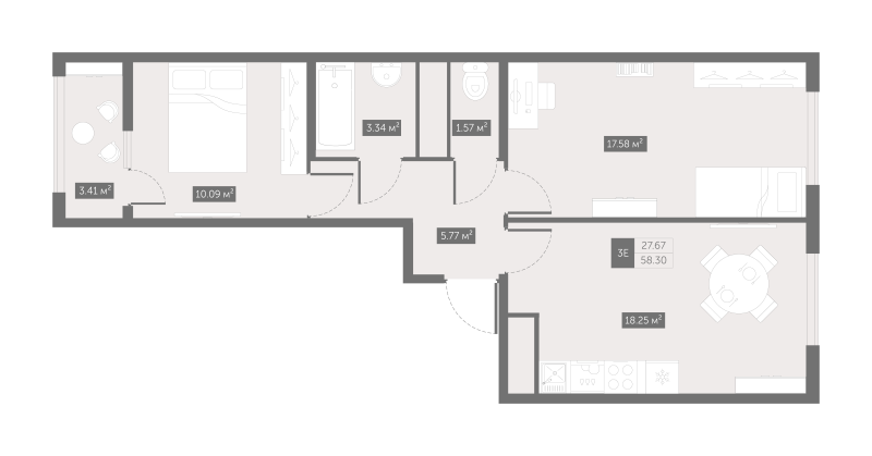 3-комнатная (Евро) квартира, 58.3 м² - планировка, фото №1