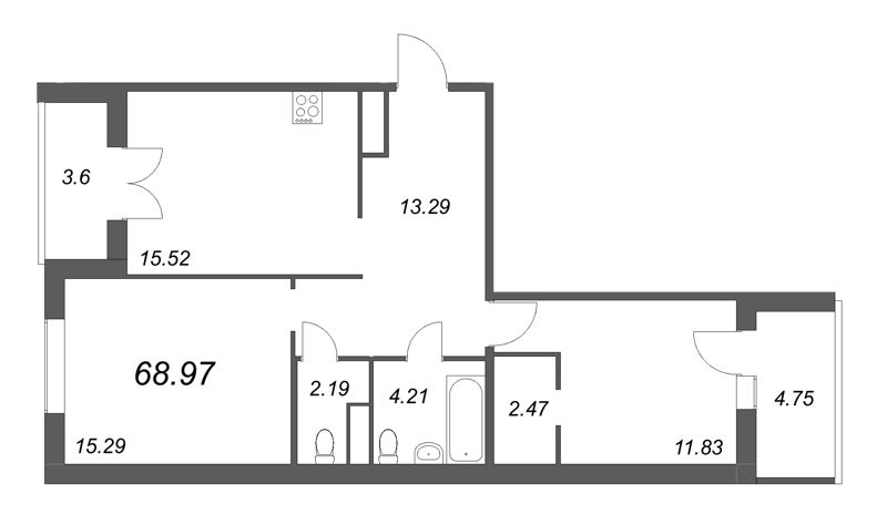 3-комнатная (Евро) квартира, 69.5 м² в ЖК "IQ Гатчина" - планировка, фото №1