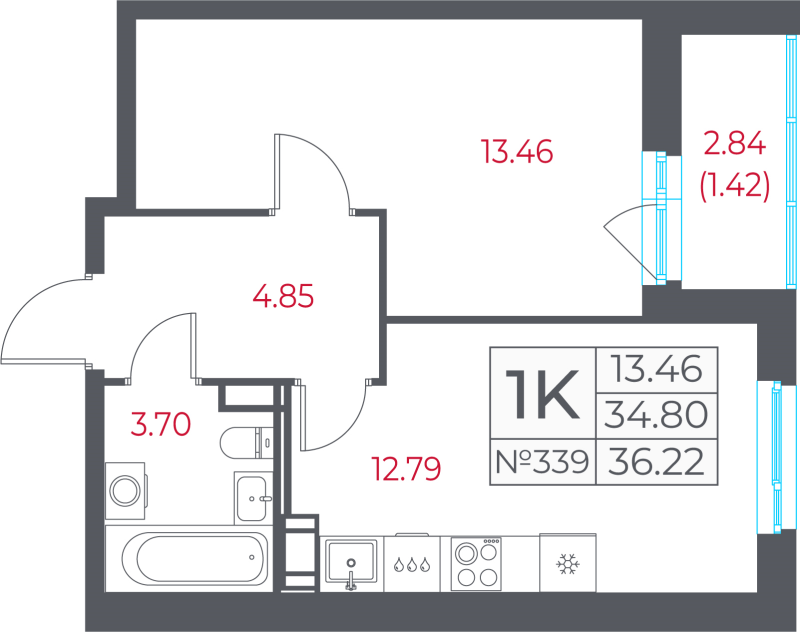 1-комнатная квартира, 36.22 м² в ЖК "Город-спутник Южный" - планировка, фото №1