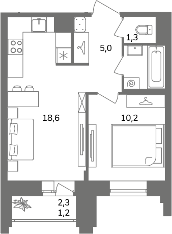 2-комнатная (Евро) квартира, 39.1 м² в ЖК "Антверпен" - планировка, фото №1