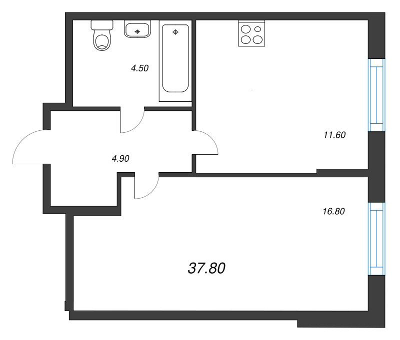 1-комнатная квартира, 37.8 м² в ЖК "Ягодное Река Парк" - планировка, фото №1
