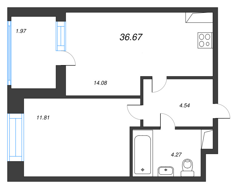2-комнатная (Евро) квартира, 36.67 м² в ЖК "Аквилон Верба" - планировка, фото №1