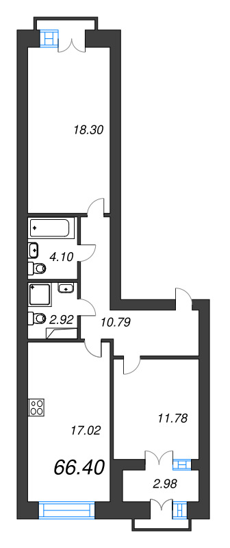 3-комнатная (Евро) квартира, 66.4 м² в ЖК "Наука" - планировка, фото №1