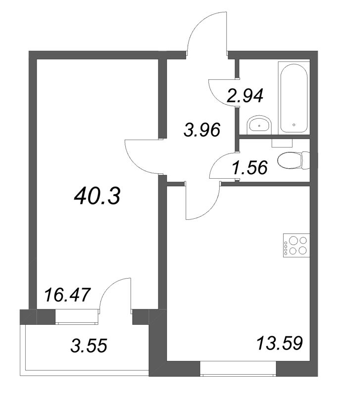1-комнатная квартира, 40.3 м² в ЖК "АРО" - планировка, фото №1