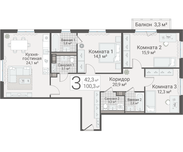 4-комнатная (Евро) квартира, 100.3 м² в ЖК "Руднева 15" - планировка, фото №1