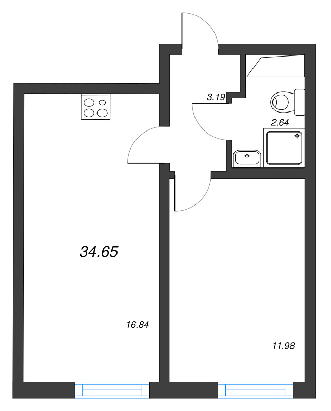 2-комнатная (Евро) квартира, 34.65 м² в ЖК "Морская миля" - планировка, фото №1
