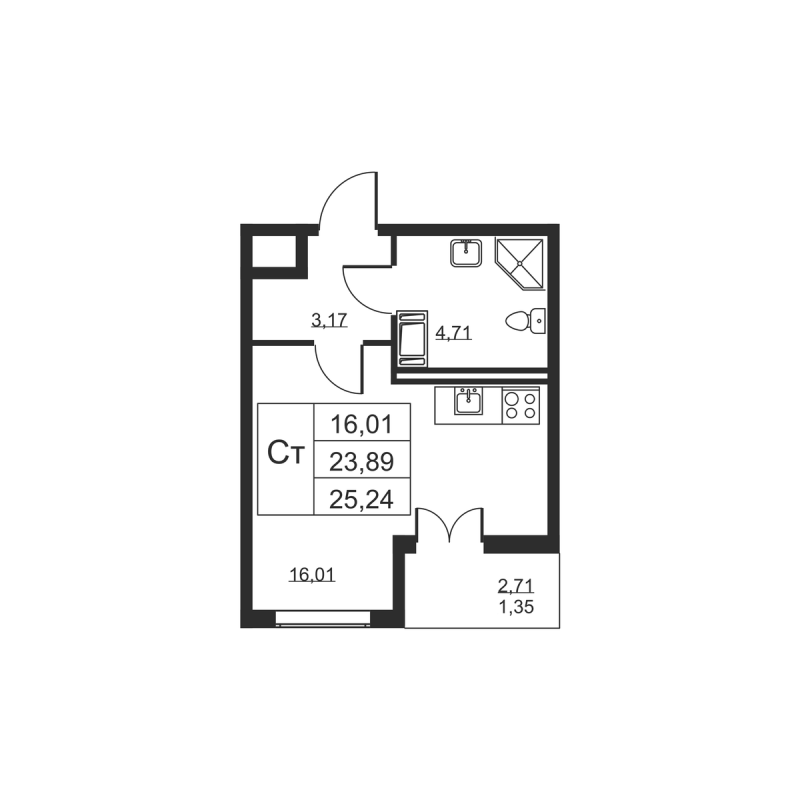 Квартира-студия, 25.24 м² - планировка, фото №1