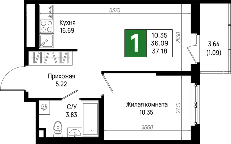 2-комнатная (Евро) квартира, 37.18 м² в ЖК "Имена" - планировка, фото №1