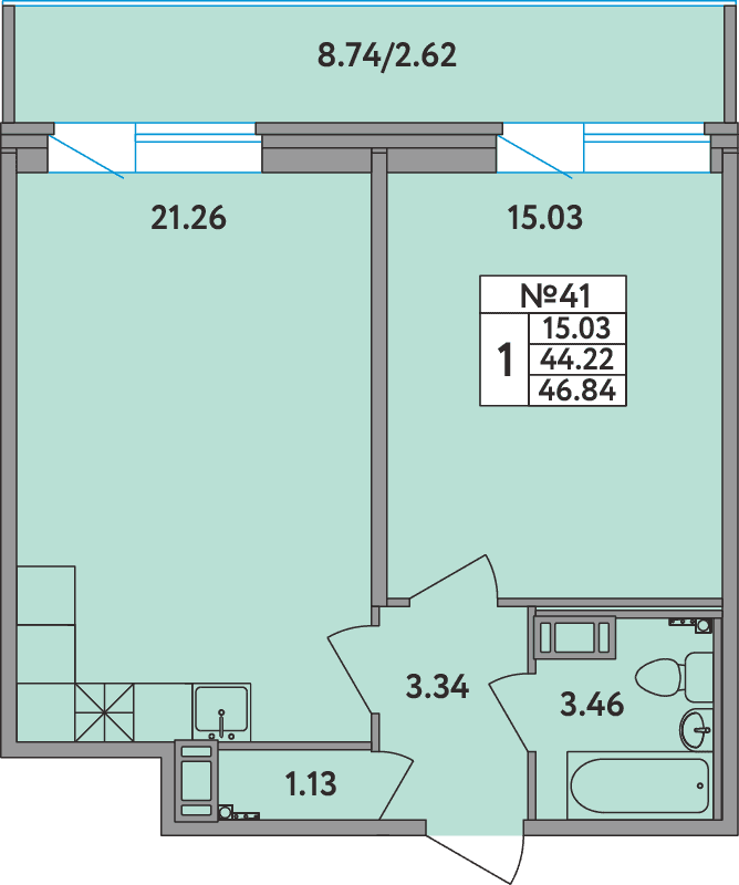 2-комнатная (Евро) квартира, 46.84 м² - планировка, фото №1
