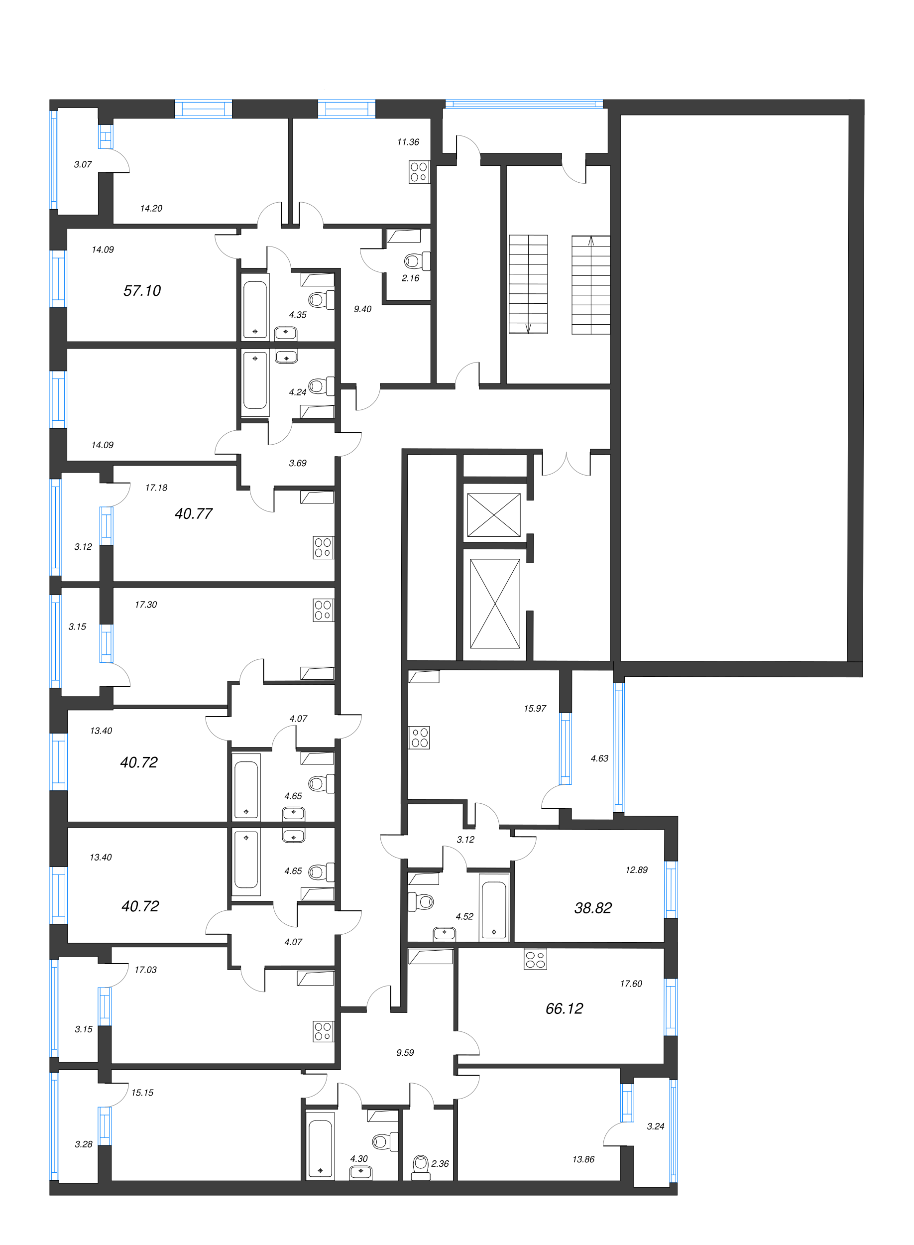 2-комнатная (Евро) квартира, 40.78 м² - планировка этажа