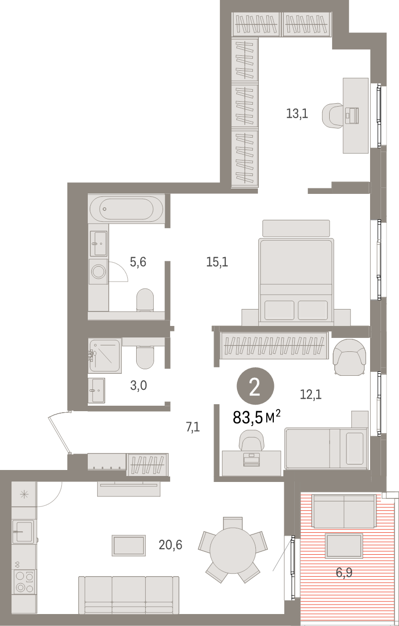 4-комнатная (Евро) квартира, 83.5 м² в ЖК "Брусника в Новоселье" - планировка, фото №1