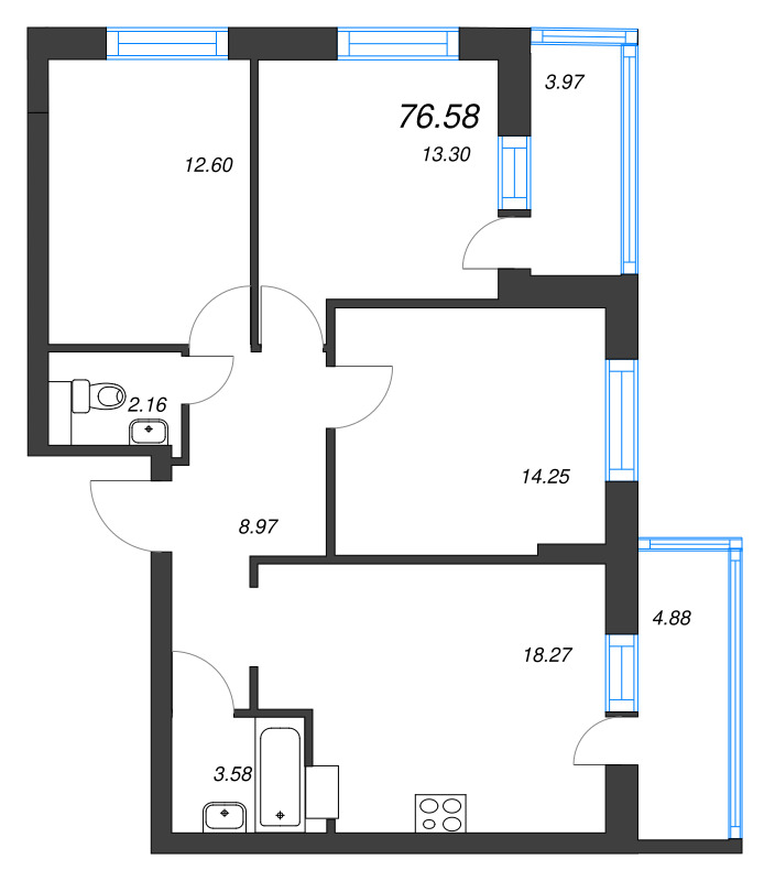 2-комнатная (Евро) квартира, 52.16 м² - планировка, фото №1