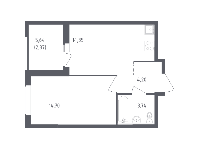 1-комнатная квартира, 39.86 м² - планировка, фото №1