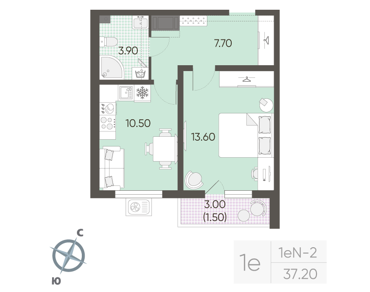 1-комнатная квартира, 37.2 м² в ЖК "Ручьи" - планировка, фото №1