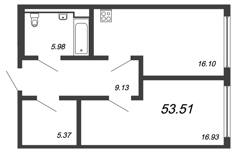 1-комнатная квартира, 52.29 м² в ЖК "Valo" - планировка, фото №1