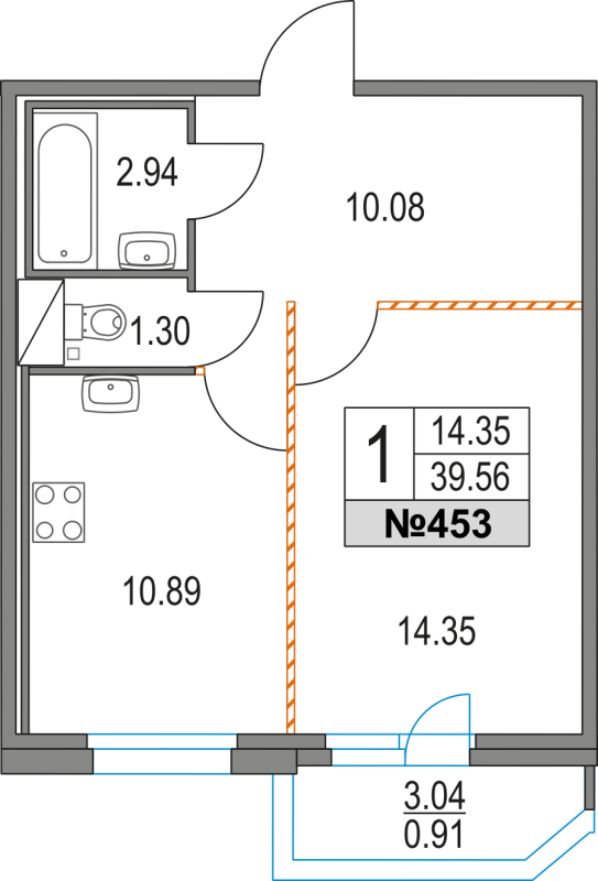 1-комнатная квартира, 39.56 м² - планировка, фото №1