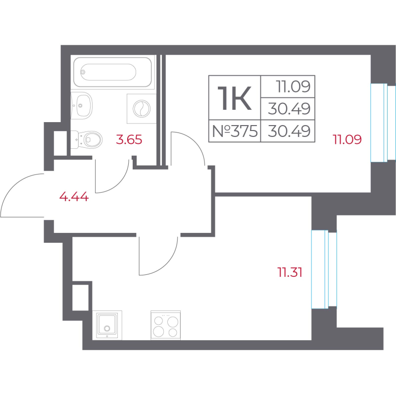 1-комнатная квартира, 30.49 м² в ЖК "Город-спутник Южный" - планировка, фото №1