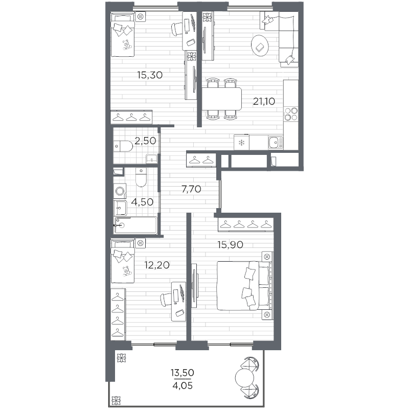 4-комнатная (Евро) квартира, 82.75 м² в ЖК "Плюс Пулковский" - планировка, фото №1