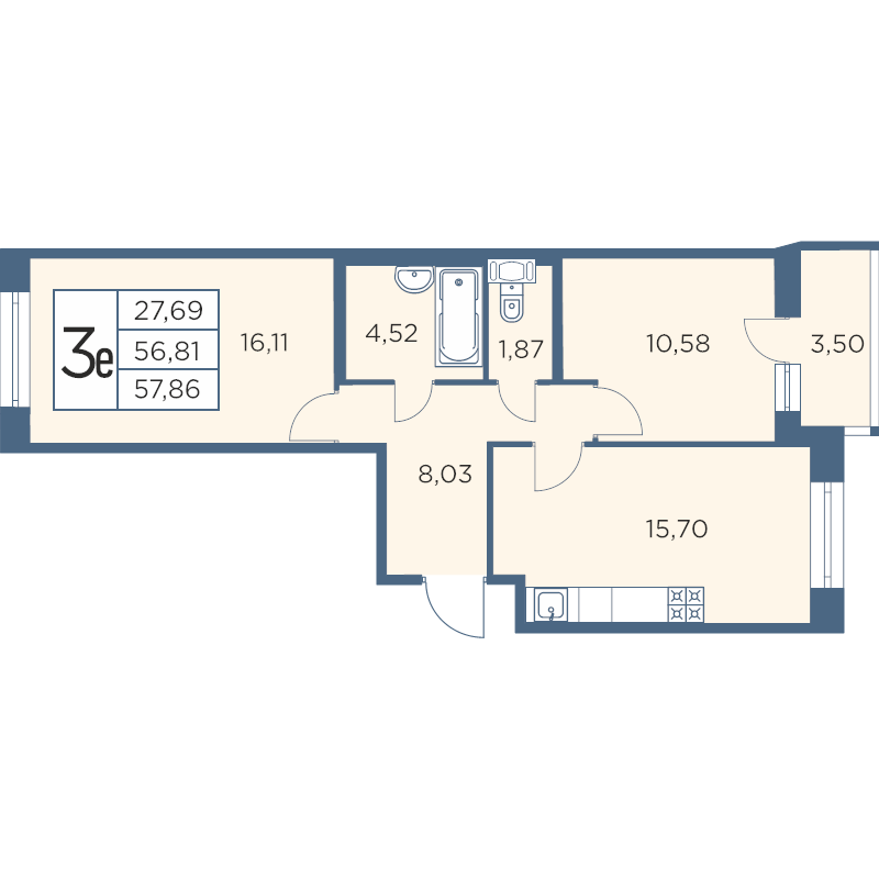 3-комнатная (Евро) квартира, 57.86 м² - планировка, фото №1