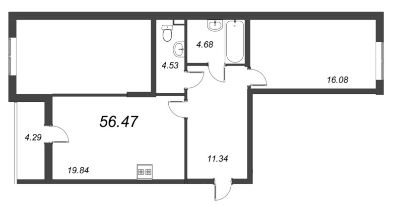 2-комнатная (Евро) квартира, 52.31 м² - планировка, фото №1