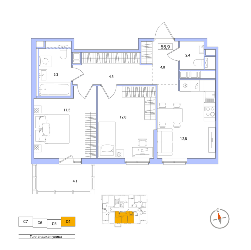 4-комнатная (Евро) квартира, 78 м² - планировка, фото №1