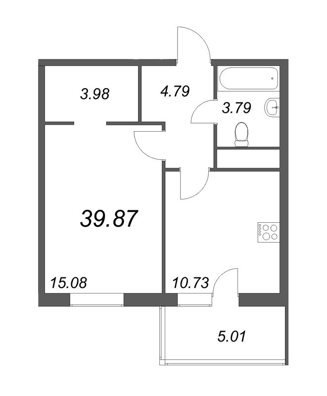1-комнатная квартира, 43.37 м² - планировка, фото №1