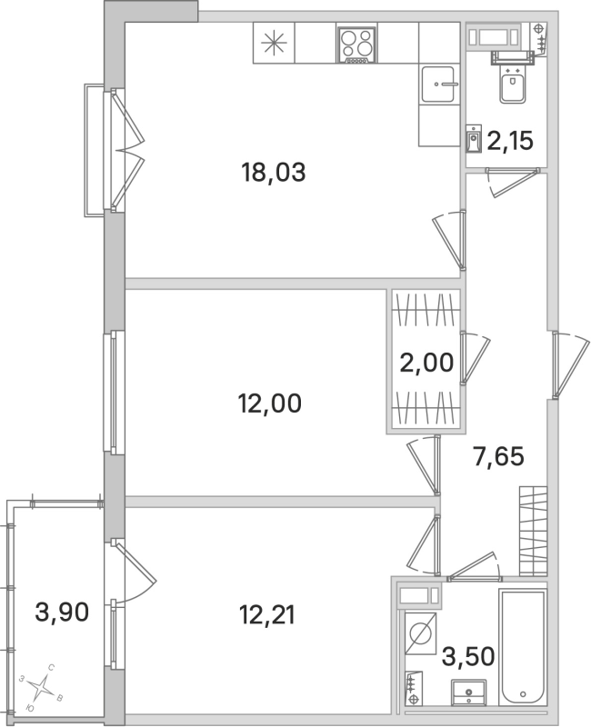 3-комнатная (Евро) квартира, 57.54 м² в ЖК "Любоград" - планировка, фото №1