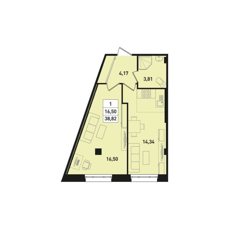 1-комнатная квартира, 38.82 м² в ЖК "Ромашки" - планировка, фото №1