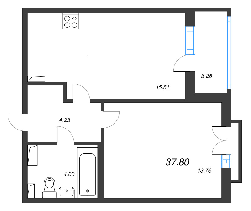 2-комнатная (Евро) квартира, 37.8 м² в ЖК "Любоград" - планировка, фото №1