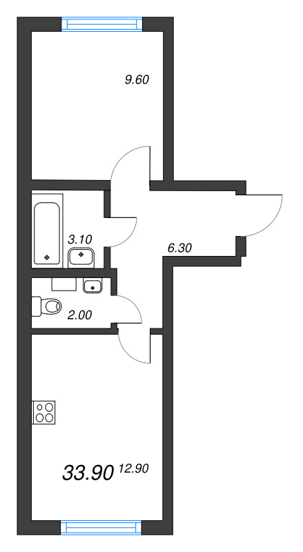 1-комнатная квартира, 33.9 м² в ЖК "Ручьи" - планировка, фото №1