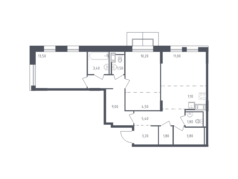 3-комнатная (Евро) квартира, 76.2 м² - планировка, фото №1