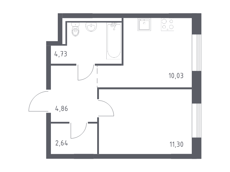 1-комнатная квартира, 33.56 м² - планировка, фото №1