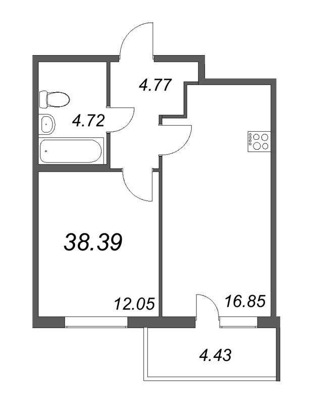 1-комнатная квартира, 38.39 м² - планировка, фото №1