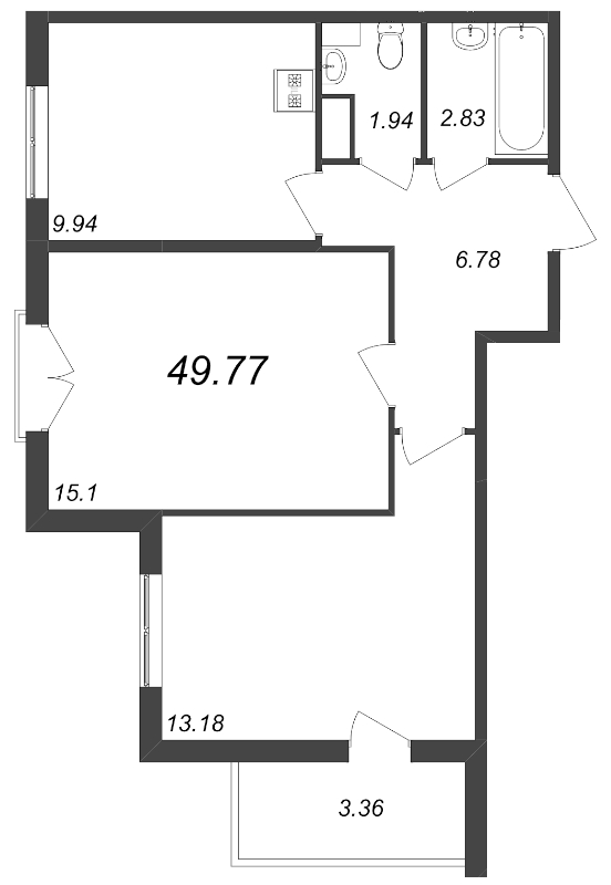 2-комнатная квартира, 49.77 м² в ЖК "Любоград" - планировка, фото №1