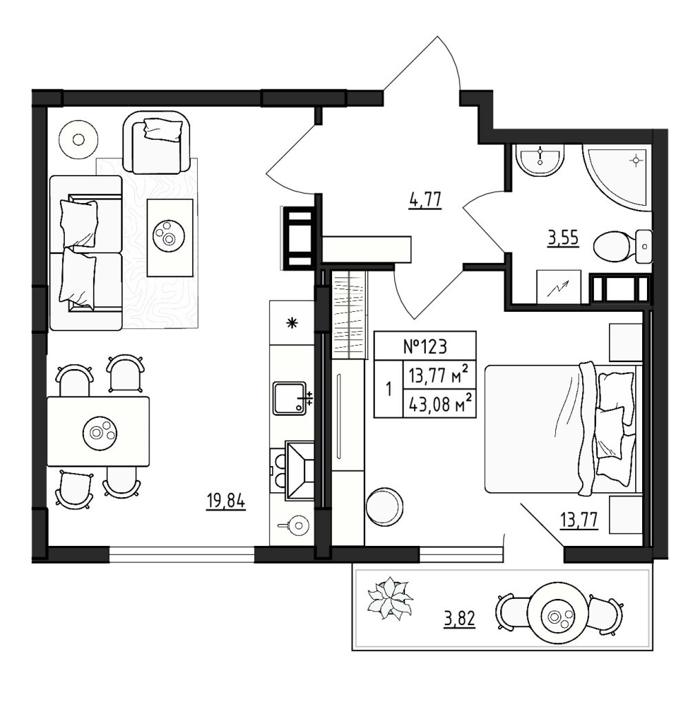 2-комнатная (Евро) квартира, 43.08 м² в ЖК "Верево Сити" - планировка, фото №1