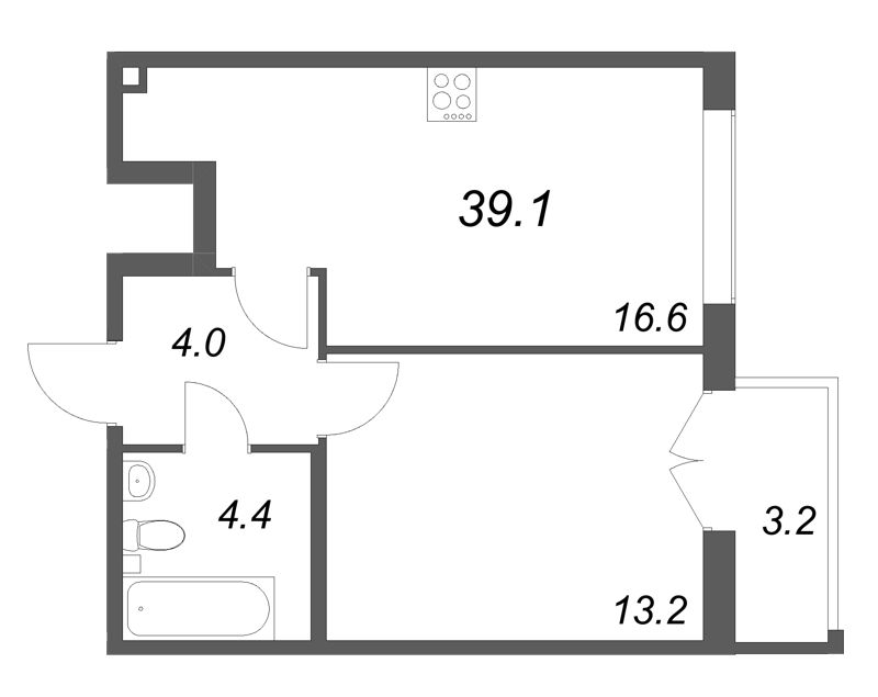 2-комнатная (Евро) квартира, 39.1 м² в ЖК "Кронунг ЮГ" - планировка, фото №1