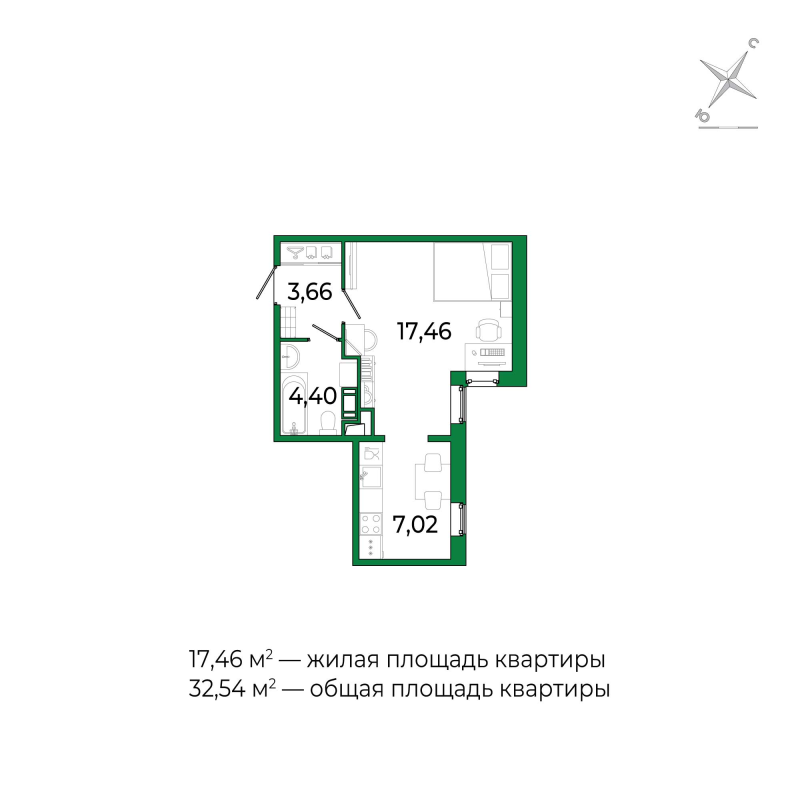 Квартира-студия, 32.4 м² в ЖК "Сертолово Парк" - планировка, фото №1