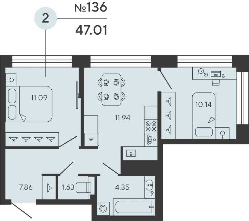 2-комнатная квартира, 47.01 м² - планировка, фото №1