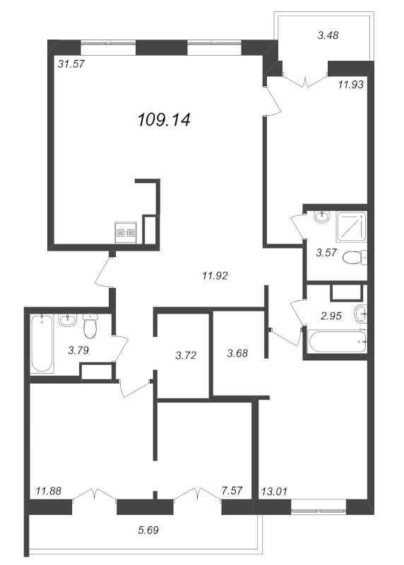 5-комнатная (Евро) квартира, 109.14 м² - планировка, фото №1