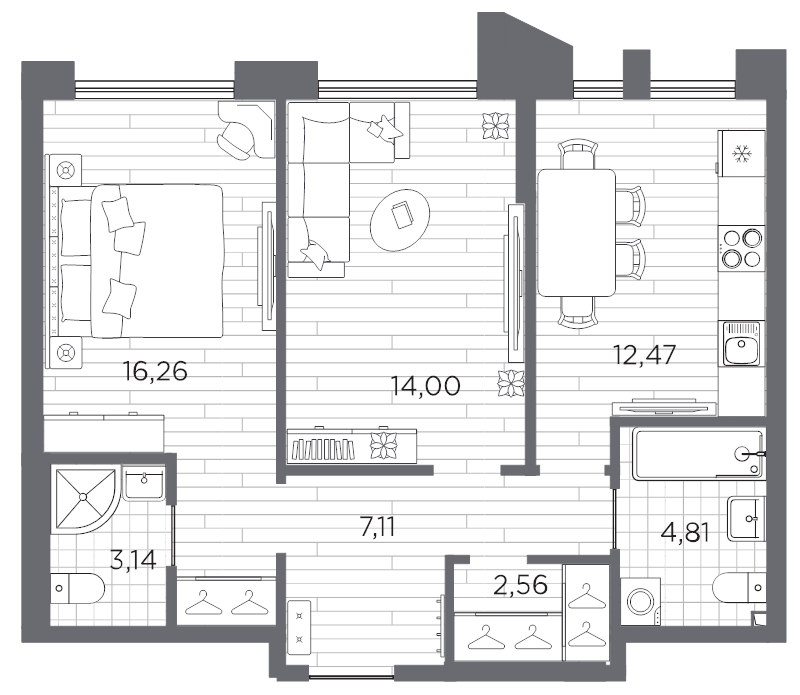 2-комнатная квартира, 60.35 м² в ЖК "Галерная гавань" - планировка, фото №1