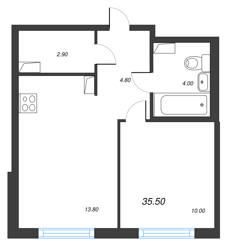 1-комнатная квартира, 35.5 м² в ЖК "Струны" - планировка, фото №1