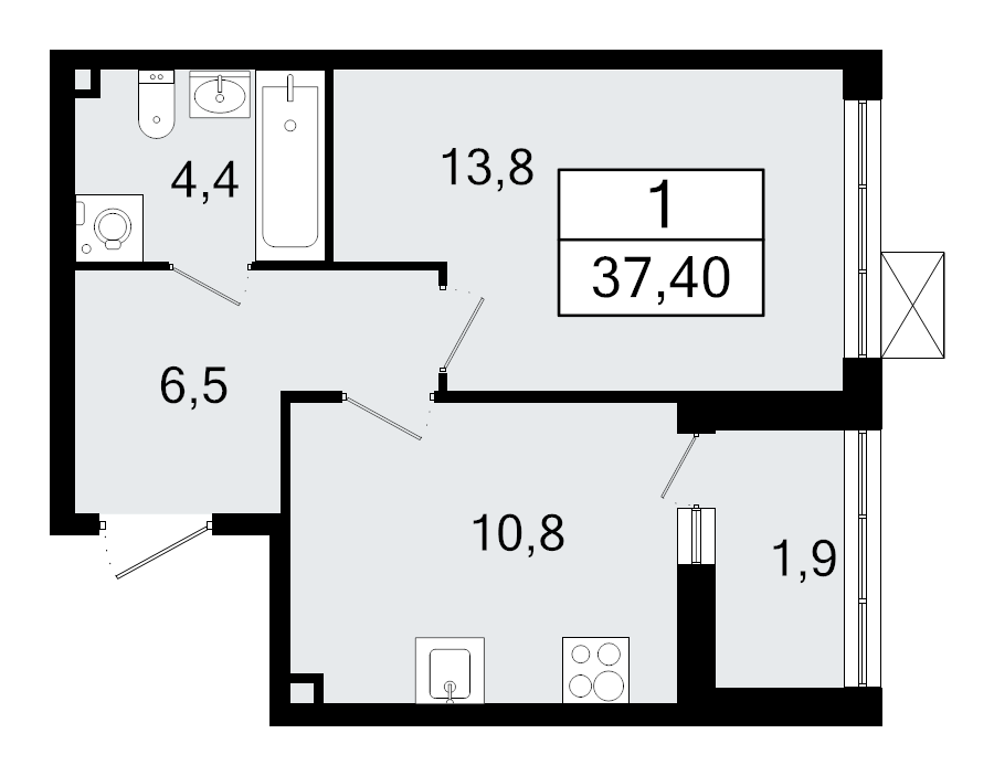 1-комнатная квартира, 37.4 м² в ЖК "А101 Всеволожск" - планировка, фото №1