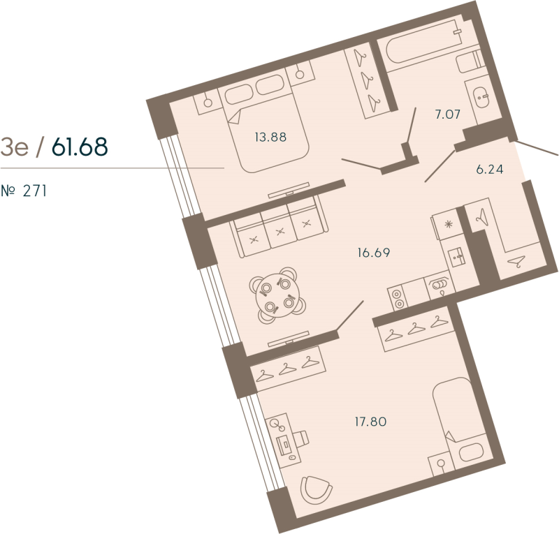 3-комнатная (Евро) квартира, 61.68 м² в ЖК "17/33 Петровский остров" - планировка, фото №1