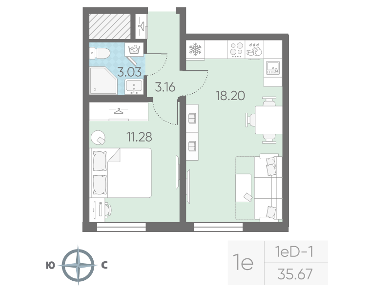 2-комнатная (Евро) квартира, 35.67 м² в ЖК "Морская миля" - планировка, фото №1