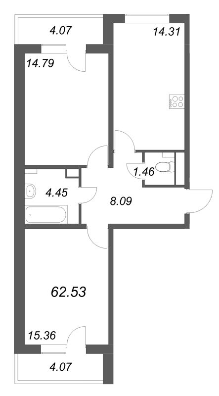 2-комнатная квартира, 62.53 м² в ЖК "АРО" - планировка, фото №1