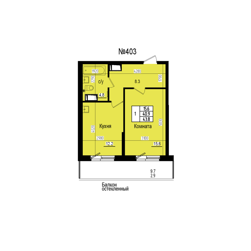 1-комнатная квартира, 43.8 м² в ЖК "ПРАГМА СИТИ" - планировка, фото №1